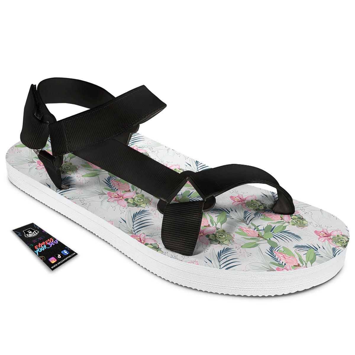 Protea Pink Print Pattern Black Open Toe Sandals-grizzshop