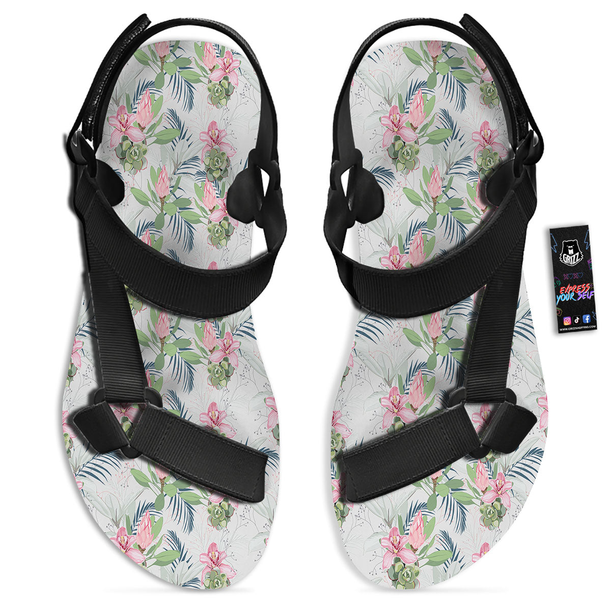 Protea Pink Print Pattern Black Open Toe Sandals-grizzshop