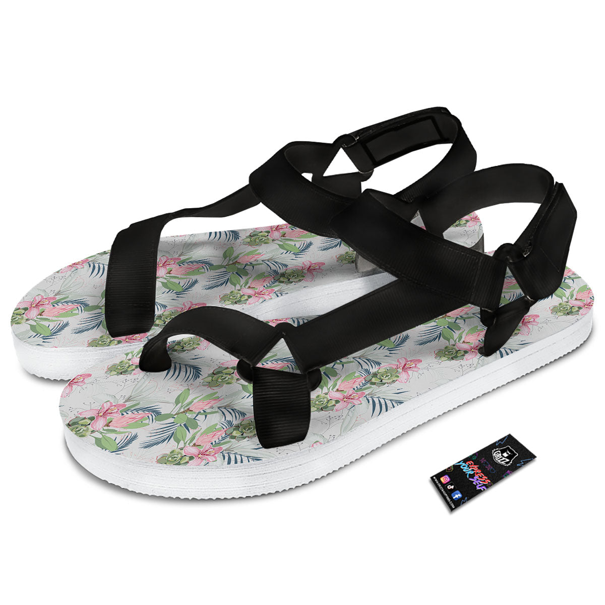 Protea Pink Print Pattern Black Open Toe Sandals-grizzshop