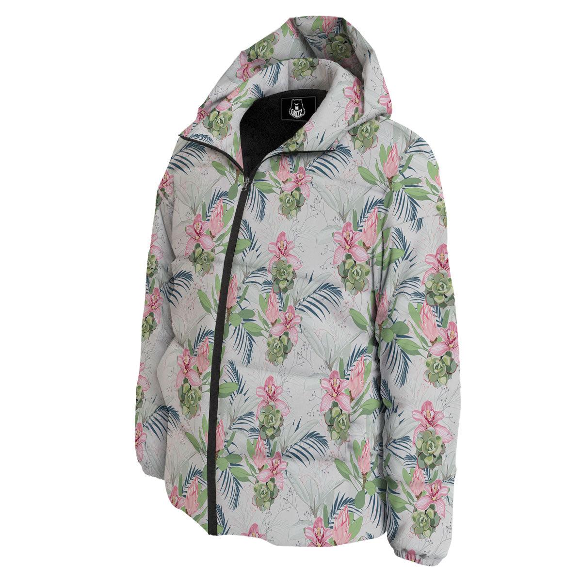 Protea Pink Print Pattern Down Jacket-grizzshop