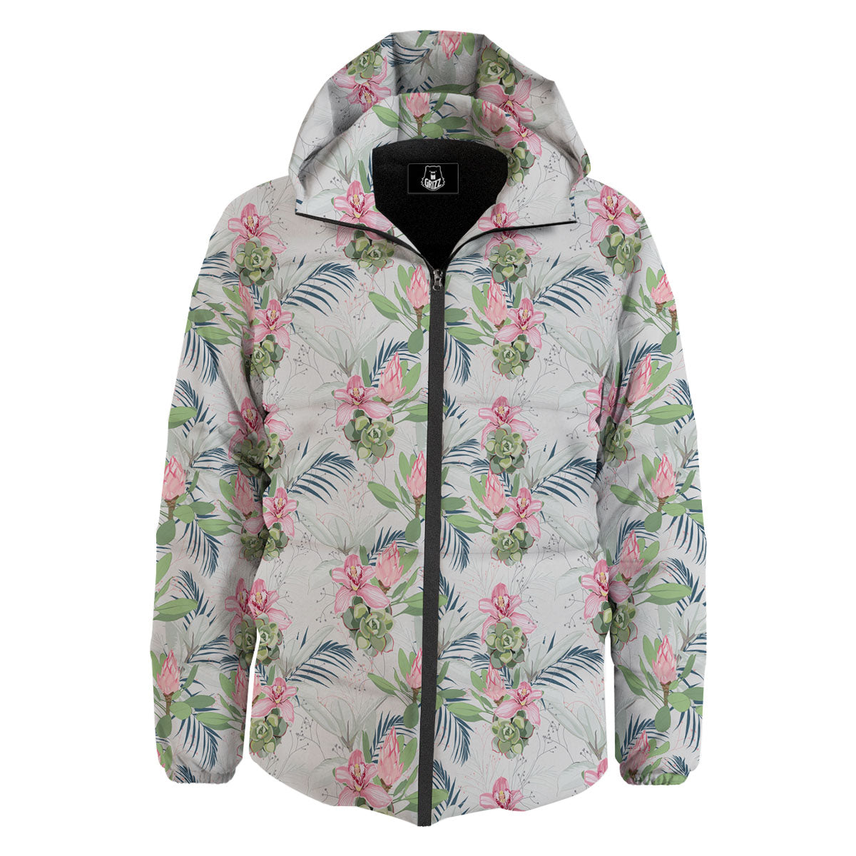 Protea Pink Print Pattern Down Jacket-grizzshop