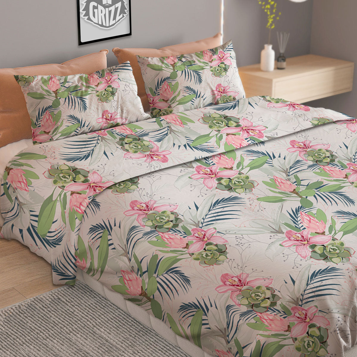 Poinsettia Christmas Watercolor Print Pattern Duvet Cover Bedding Set