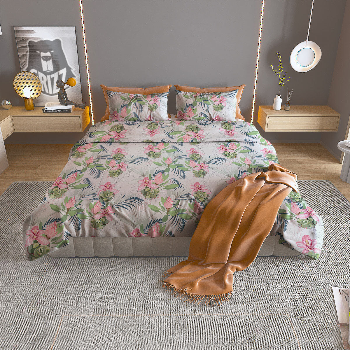 Poinsettia Christmas Watercolor Print Pattern Duvet Cover Bedding Set