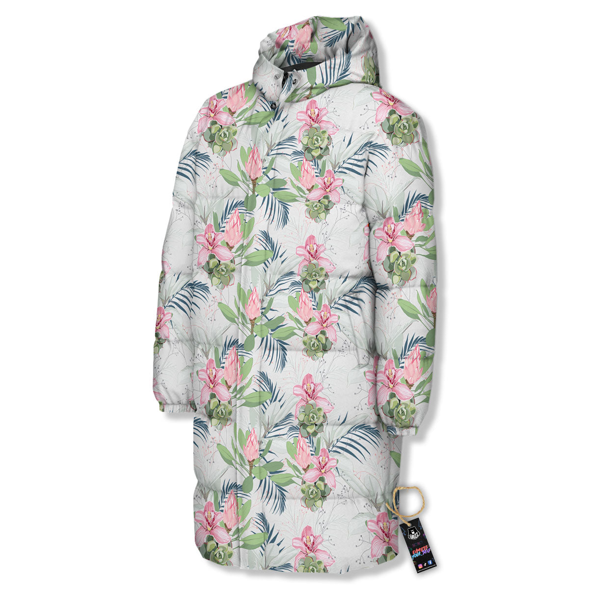 Protea Pink Print Pattern Long Down Jacket-grizzshop