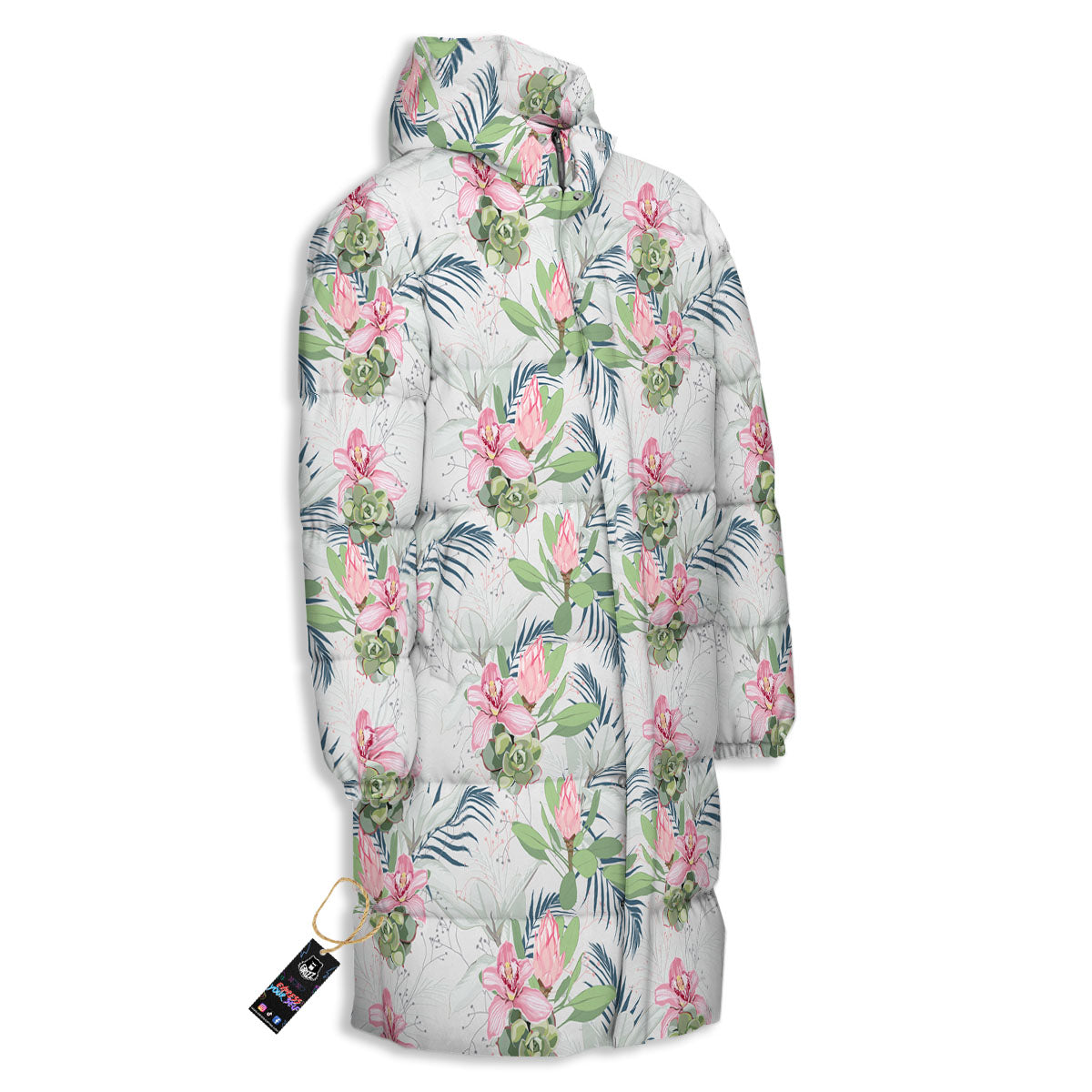 Protea Pink Print Pattern Long Down Jacket-grizzshop