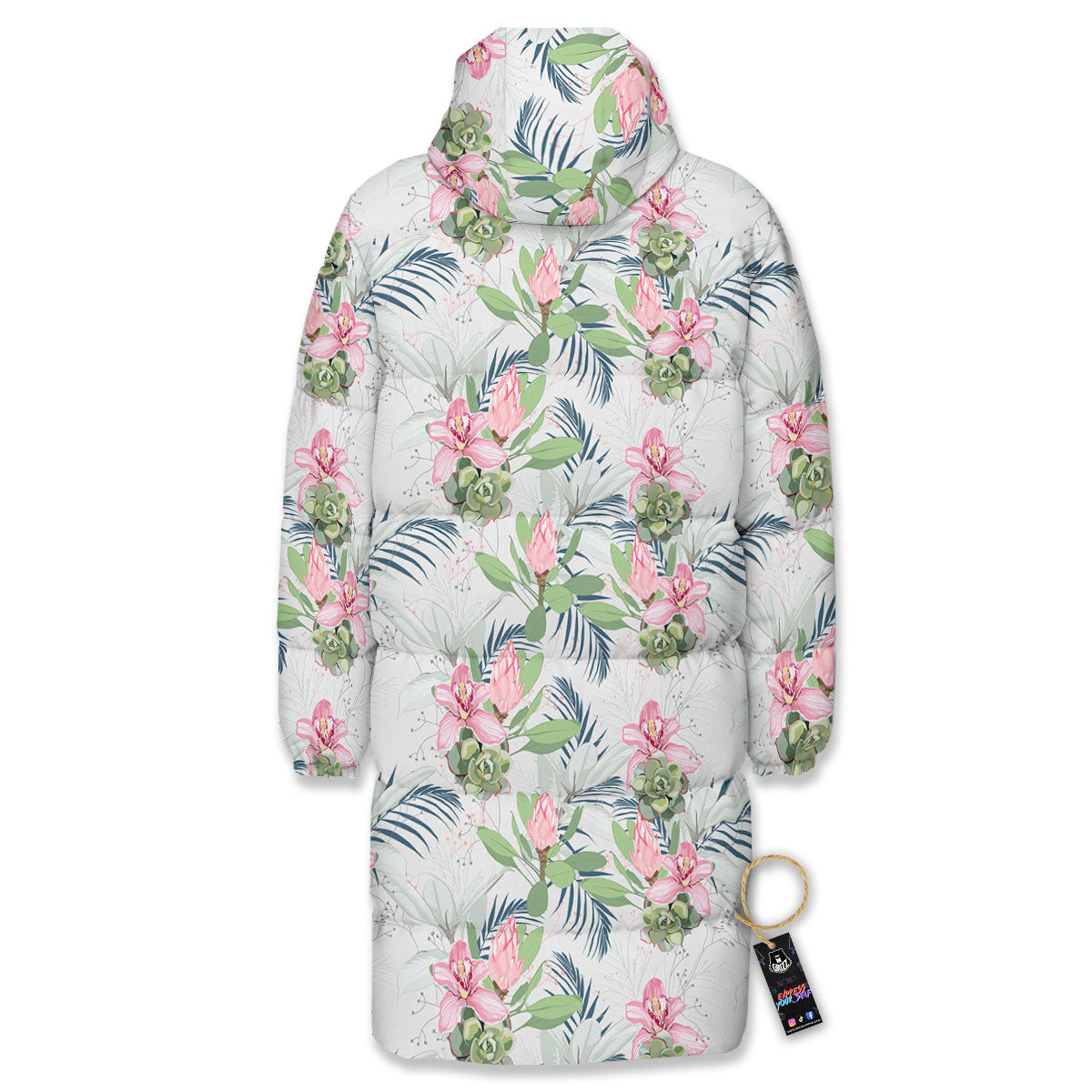 Protea Pink Print Pattern Long Down Jacket-grizzshop