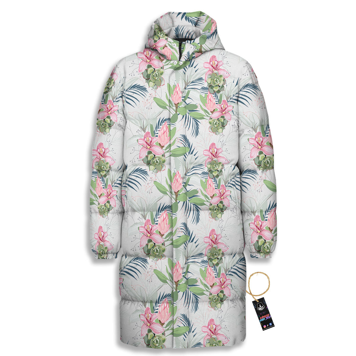 Protea Pink Print Pattern Long Down Jacket-grizzshop