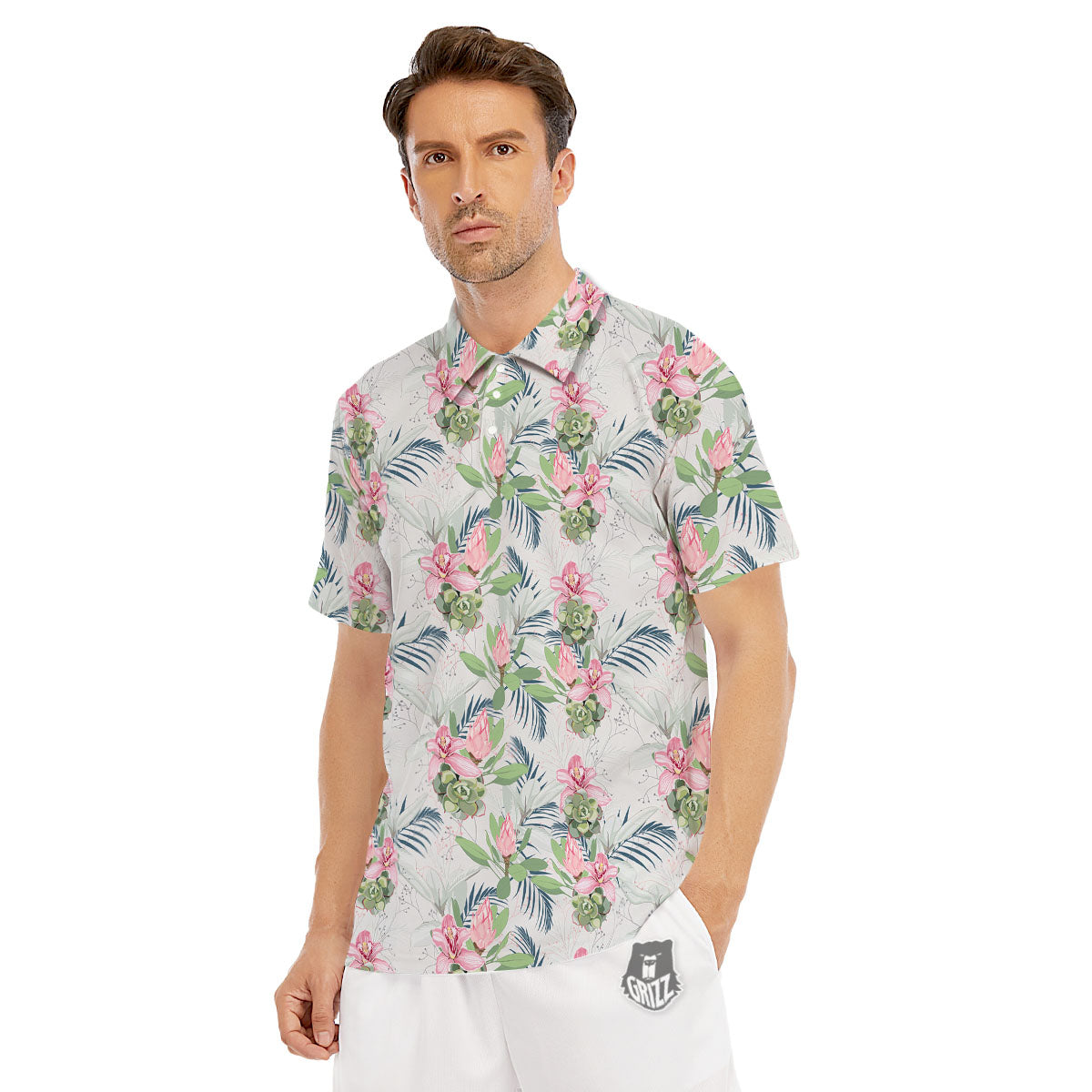 Protea Pink Print Pattern Men's Golf Shirts-grizzshop
