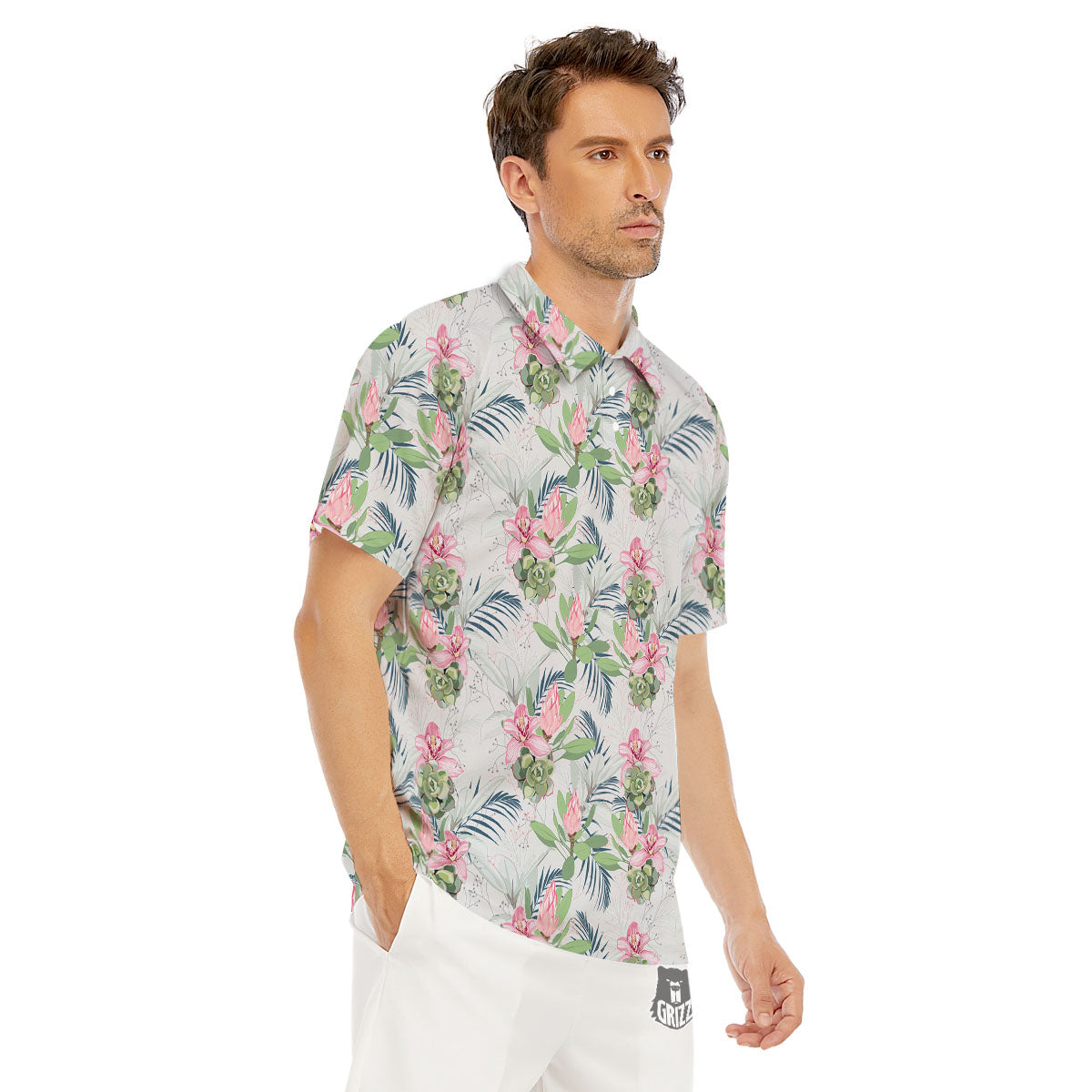 Protea Pink Print Pattern Men's Golf Shirts-grizzshop