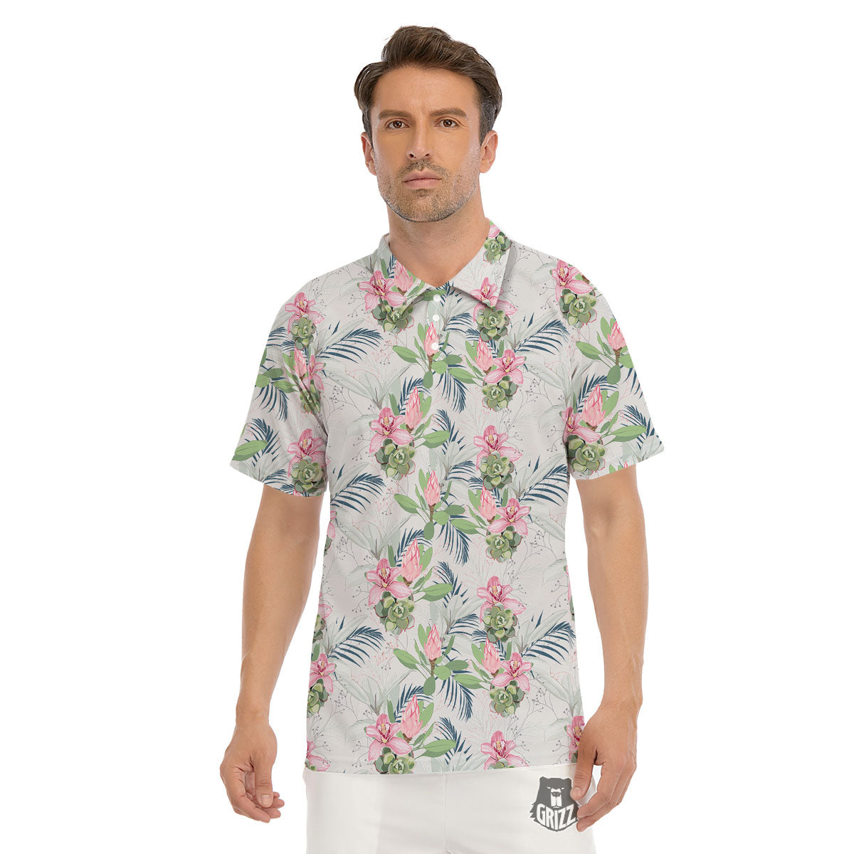 Protea Pink Print Pattern Men's Golf Shirts-grizzshop