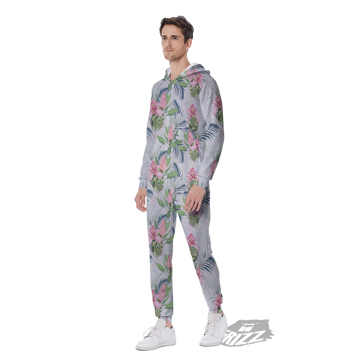 Protea Pink Print Pattern Men's Jumpsuit-grizzshop