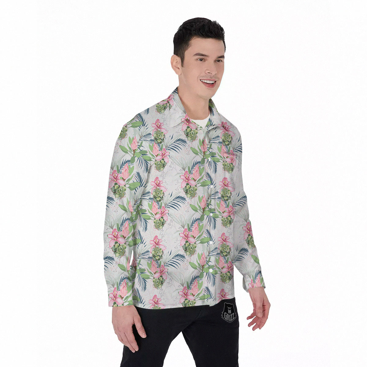 Protea Pink Print Pattern Men's Long Sleeve Shirts-grizzshop
