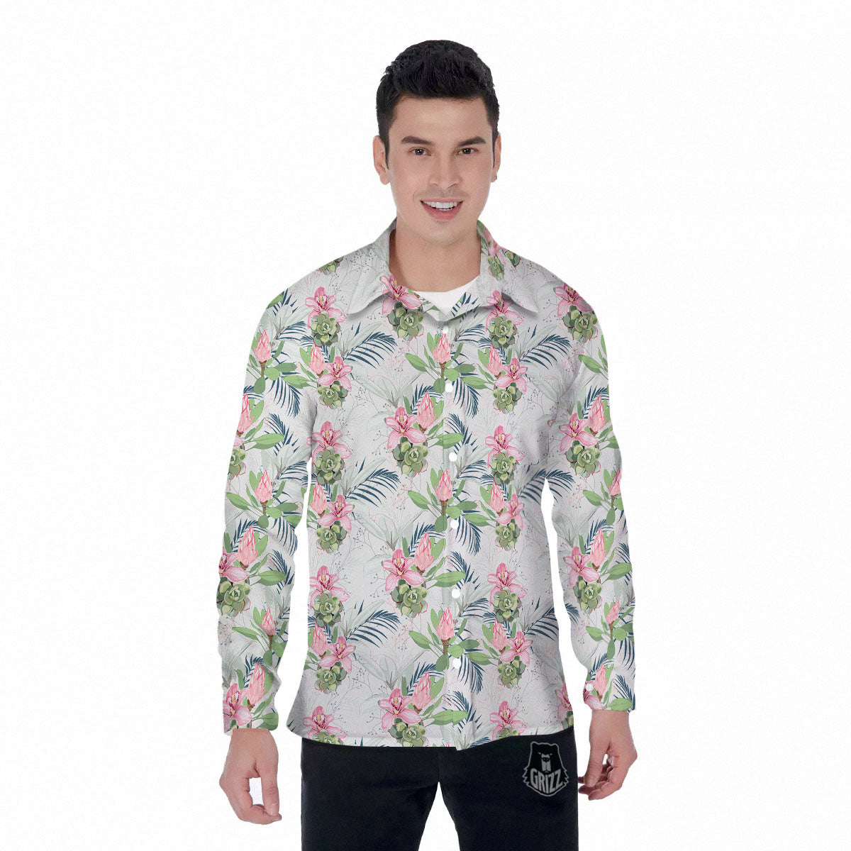 Protea Pink Print Pattern Men's Long Sleeve Shirts-grizzshop