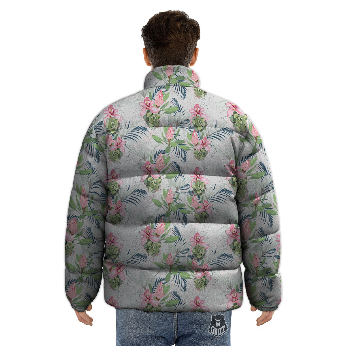 Protea Pink Print Pattern Puffer Jacket-grizzshop