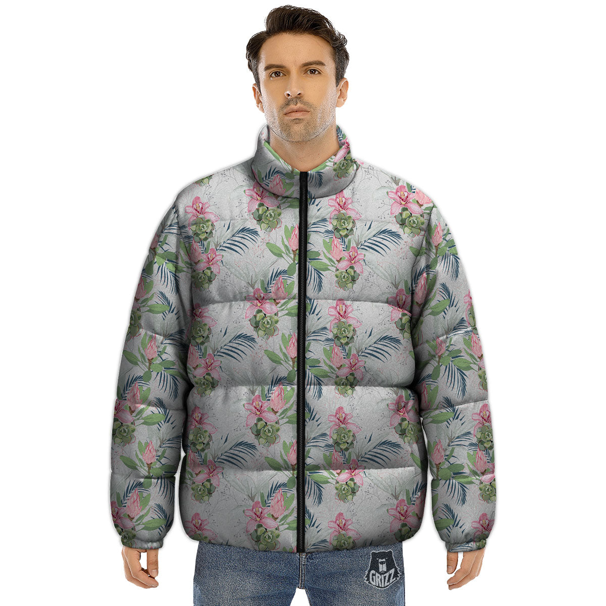Protea Pink Print Pattern Puffer Jacket-grizzshop
