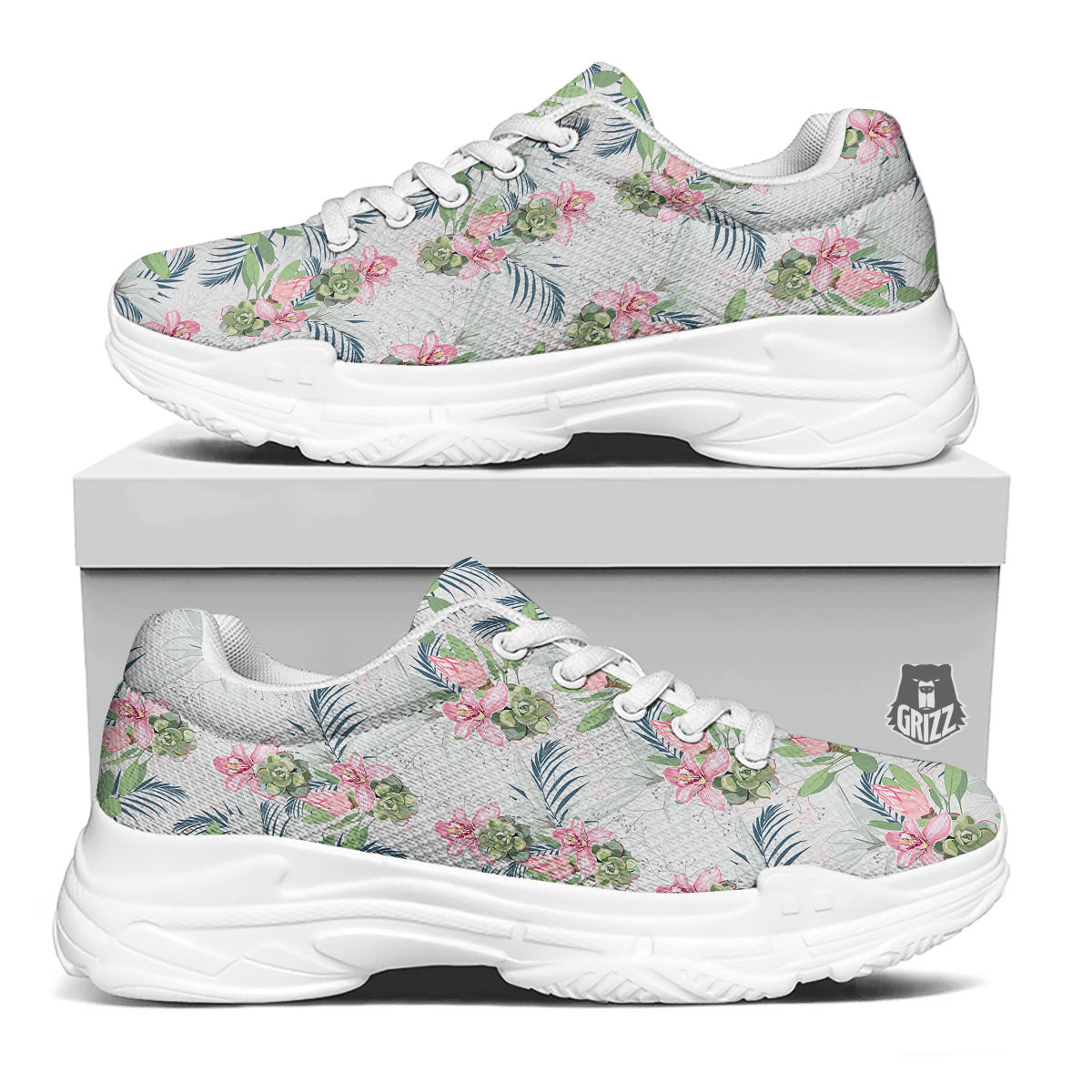 Protea Pink Print Pattern White Chunky Shoes-grizzshop