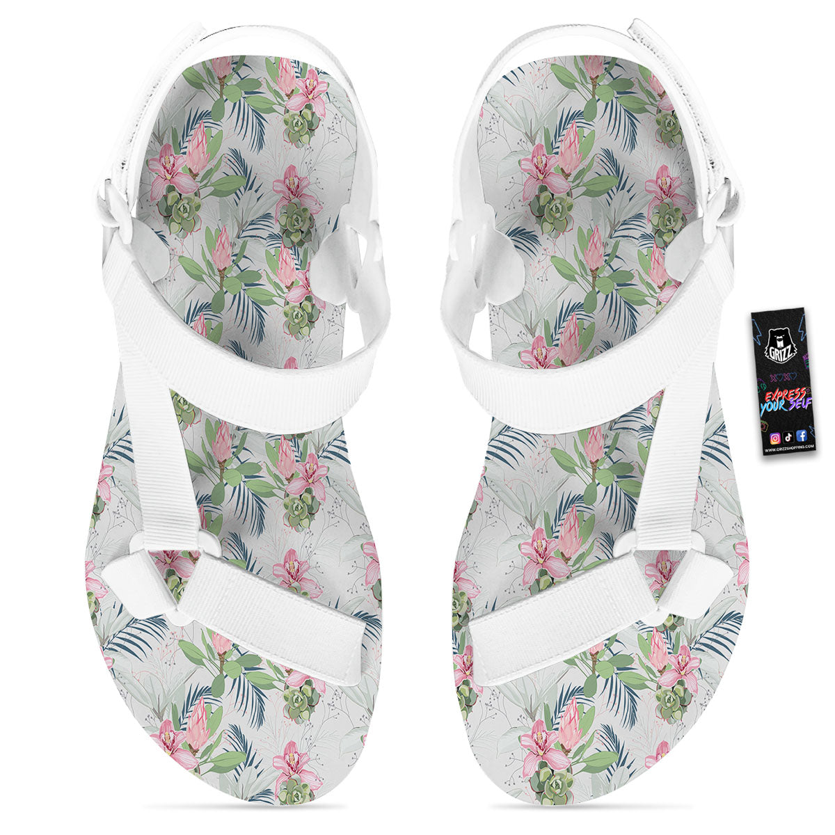 Protea Pink Print Pattern White Open Toe Sandals-grizzshop