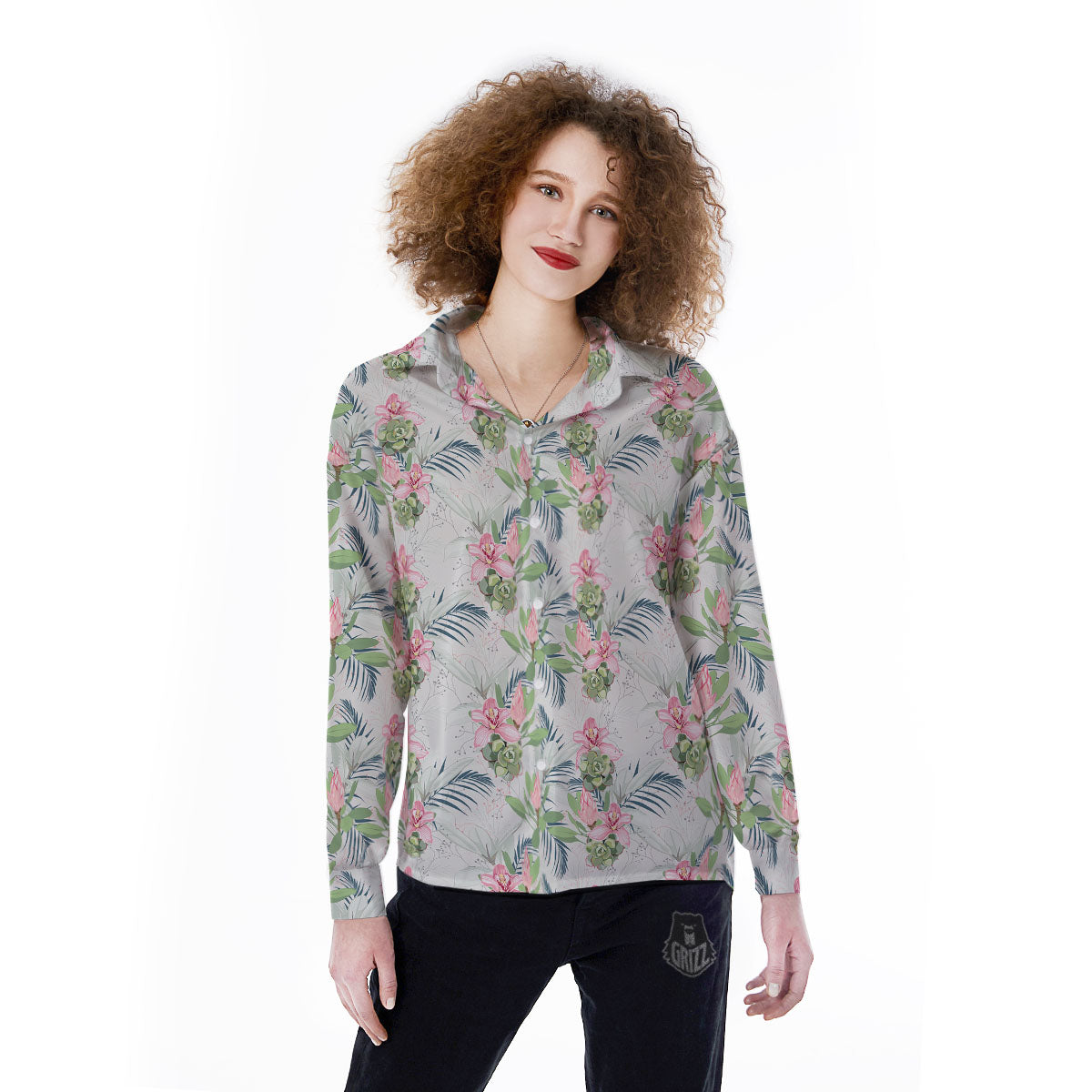 Protea Pink Print Pattern Women's Long Sleeve Shirts-grizzshop
