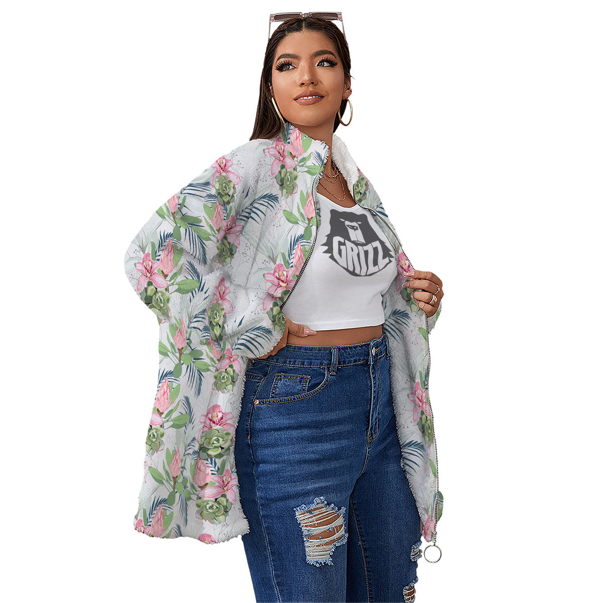 Protea Pink Print Pattern Women's Sherpa Jacket-grizzshop