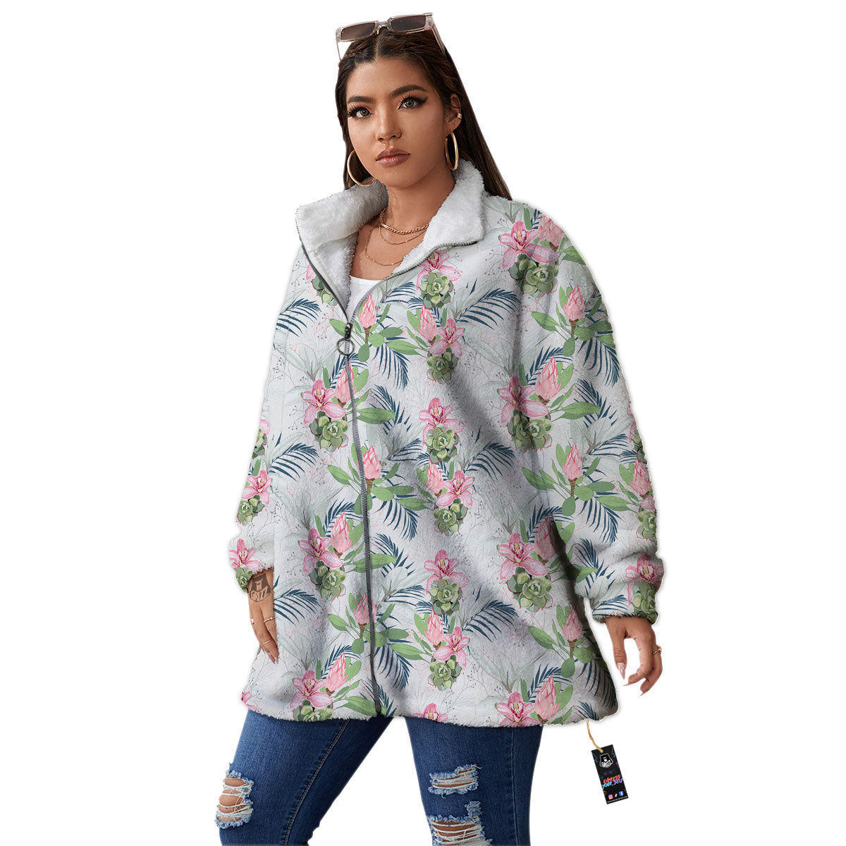 Protea Pink Print Pattern Women's Sherpa Jacket-grizzshop