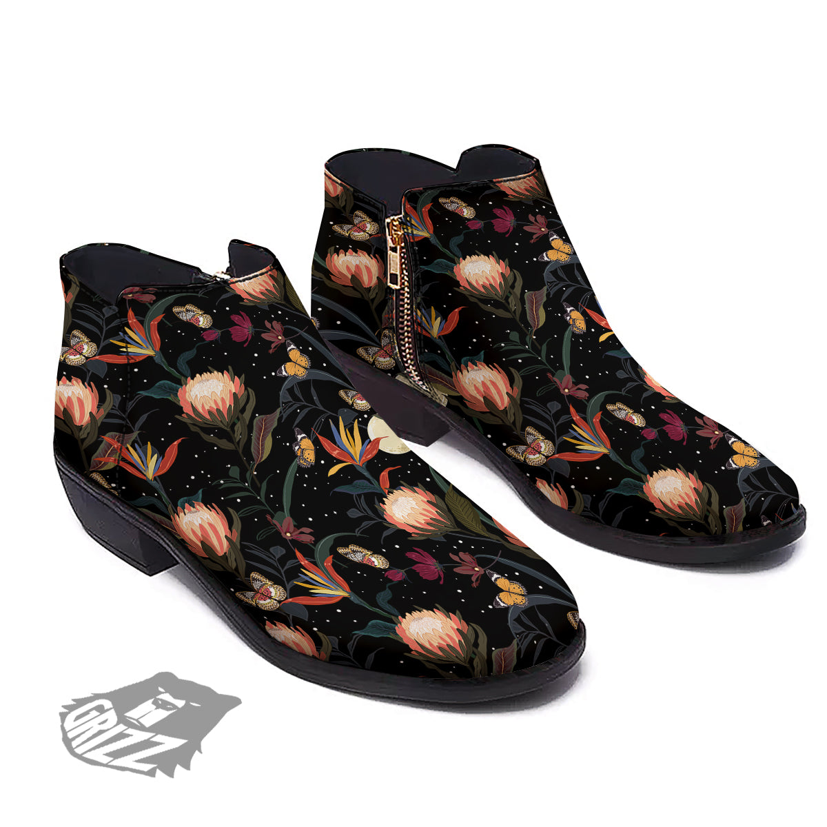 Protea Watercolor Print Pattern Ankle Boots-grizzshop