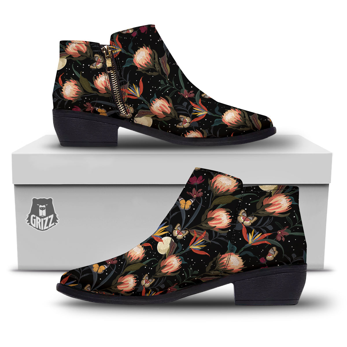 Protea Watercolor Print Pattern Ankle Boots-grizzshop