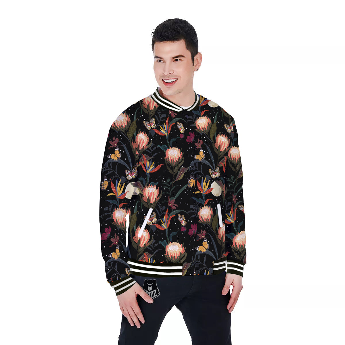 Protea Watercolor Print Pattern Baseball Jacket-grizzshop