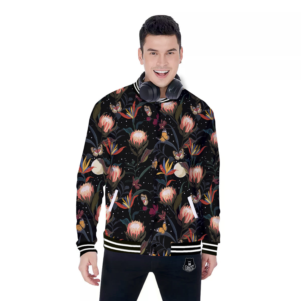 Protea Watercolor Print Pattern Baseball Jacket-grizzshop