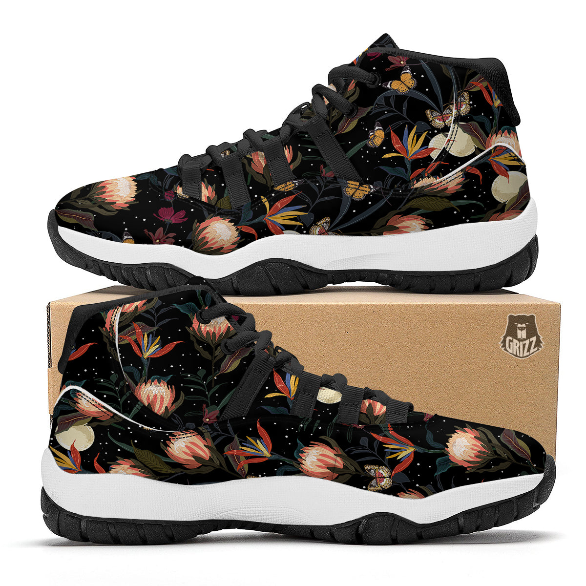 Protea Watercolor Print Pattern Black Bball Shoes-grizzshop