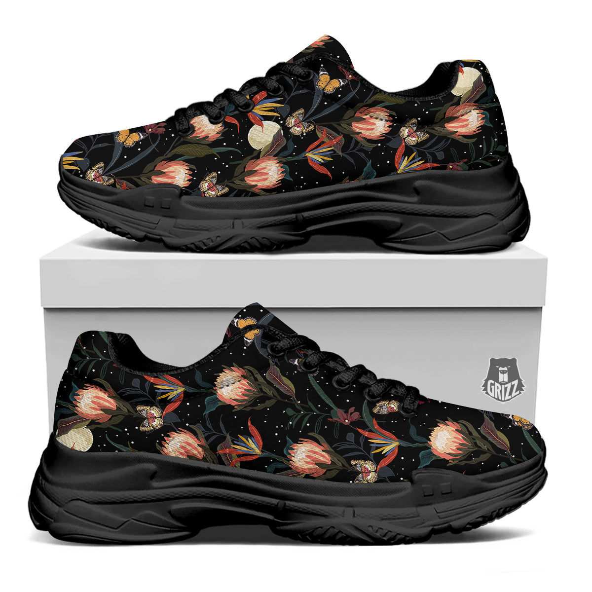 Protea Watercolor Print Pattern Black Chunky Shoes-grizzshop