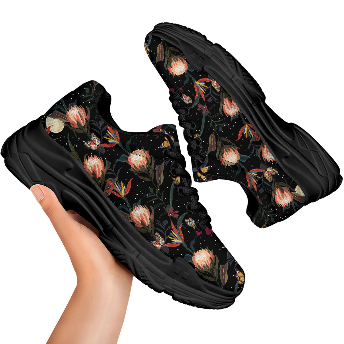Protea Watercolor Print Pattern Black Chunky Shoes-grizzshop