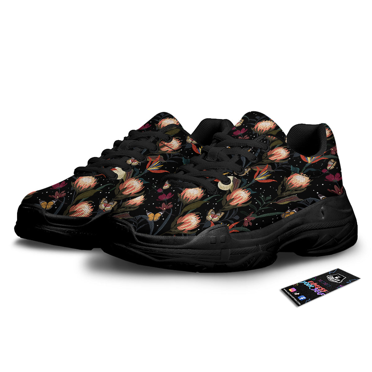 Protea Watercolor Print Pattern Black Chunky Shoes-grizzshop