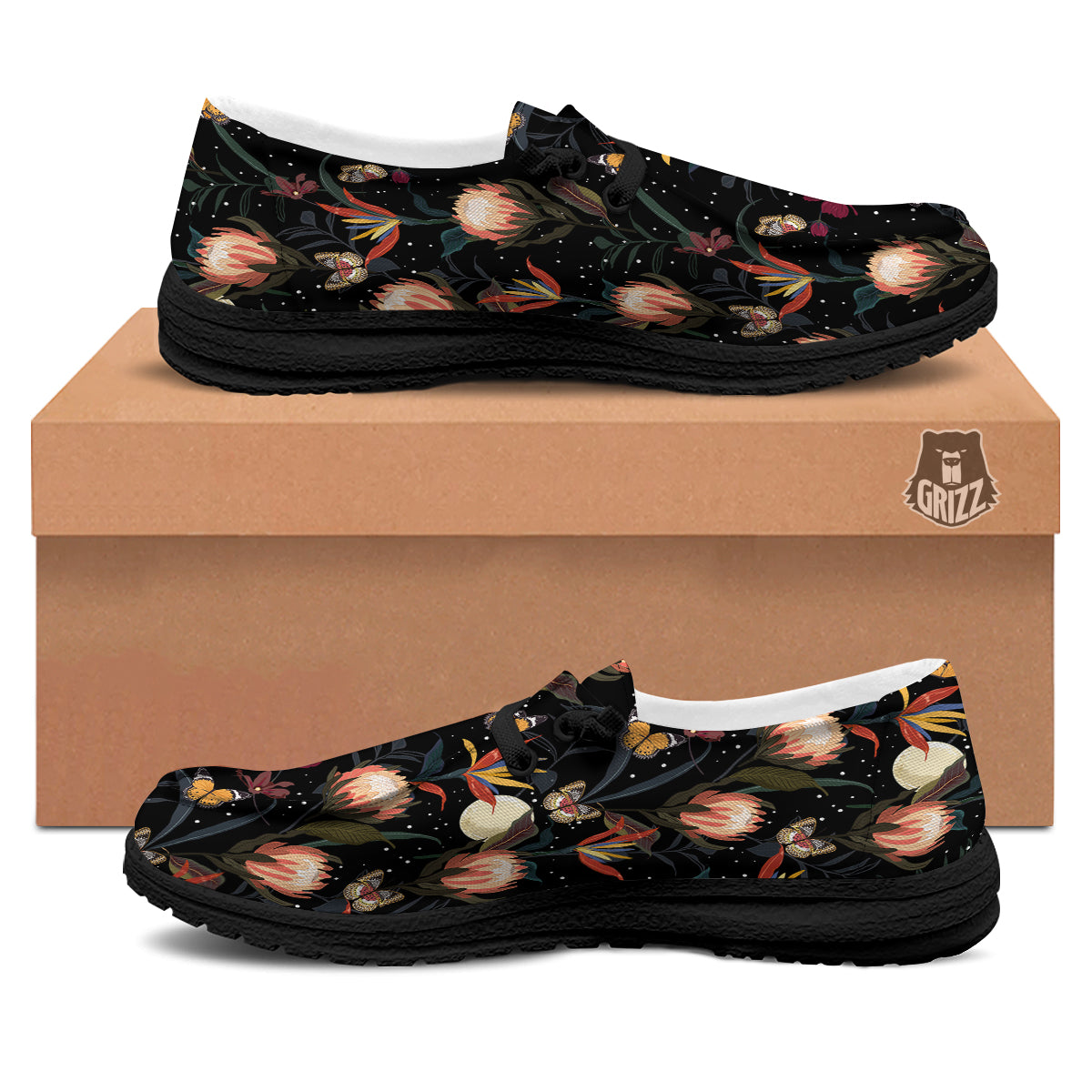 Protea Watercolor Print Pattern Black Loafers-grizzshop