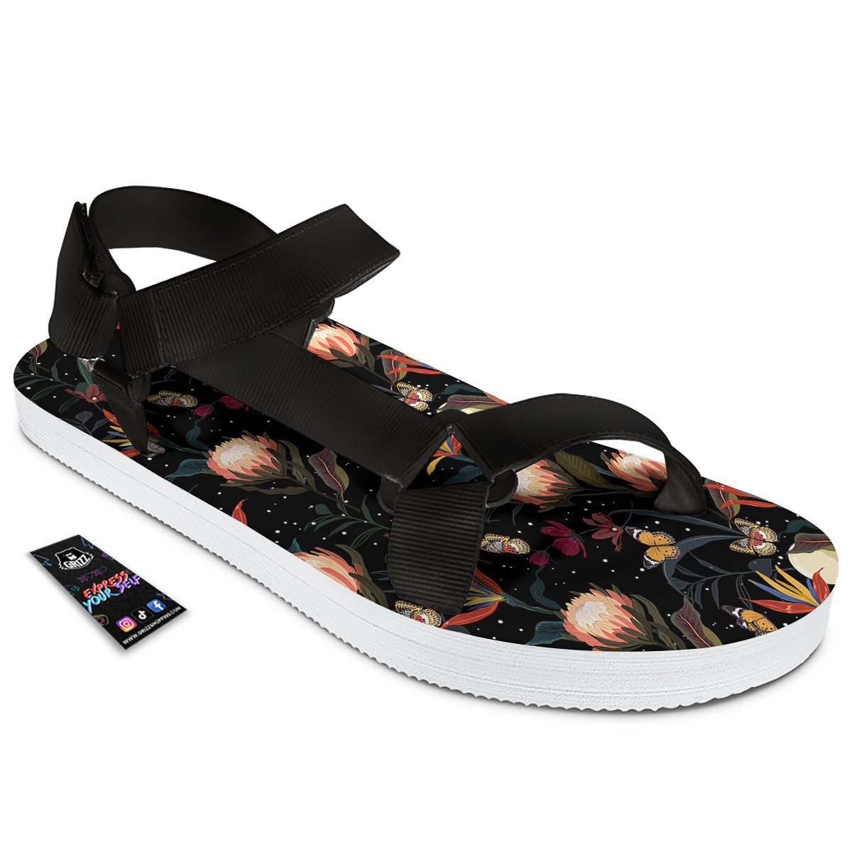 Protea Watercolor Print Pattern Black Open Toe Sandals-grizzshop