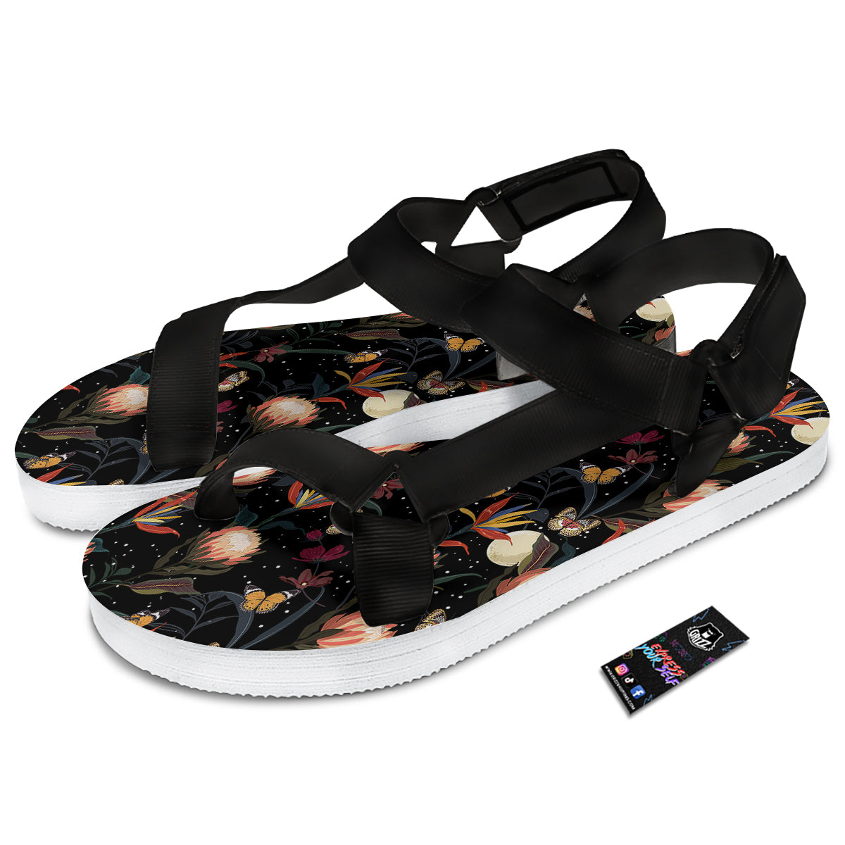 Protea Watercolor Print Pattern Black Open Toe Sandals-grizzshop