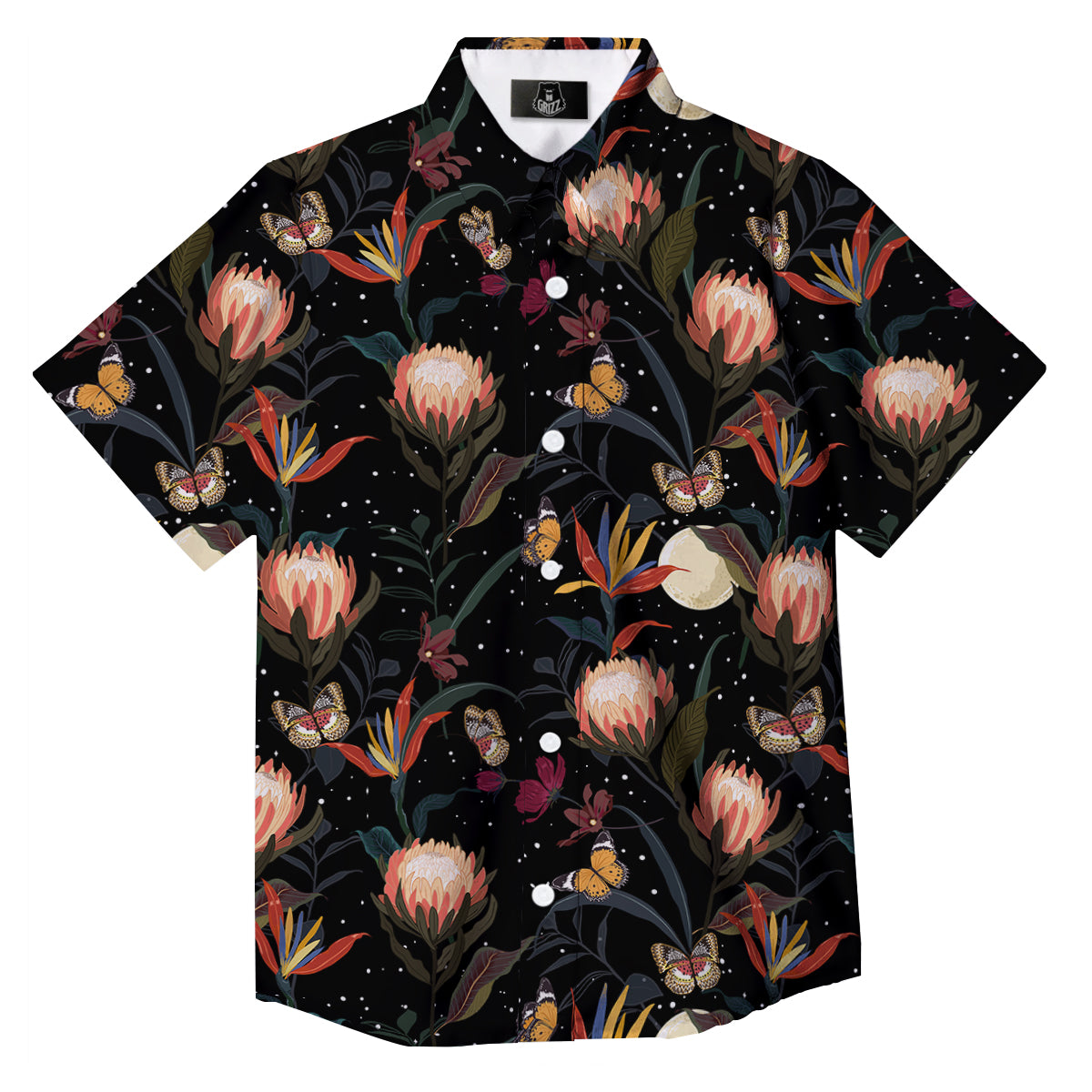 Protea Watercolor Print Pattern Button Up Shirt-grizzshop