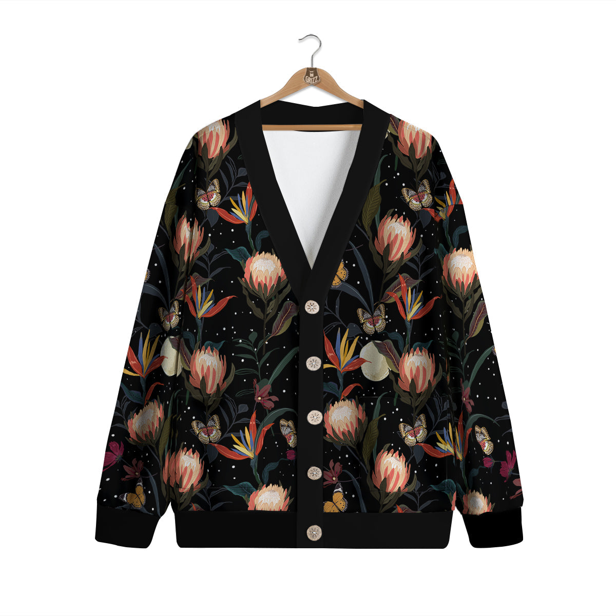 Protea Watercolor Print Pattern Cardigan-grizzshop