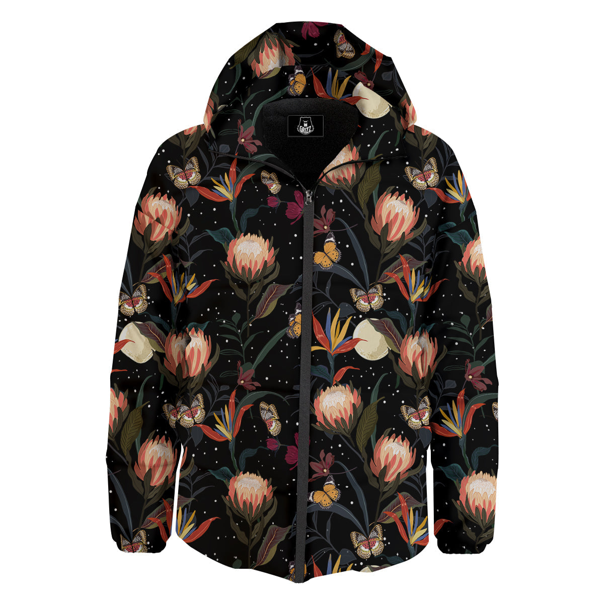 Protea Watercolor Print Pattern Down Jacket-grizzshop