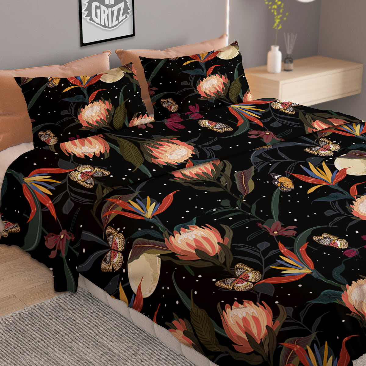 Protea Watercolor Print Pattern Duvet Cover Bedding Set