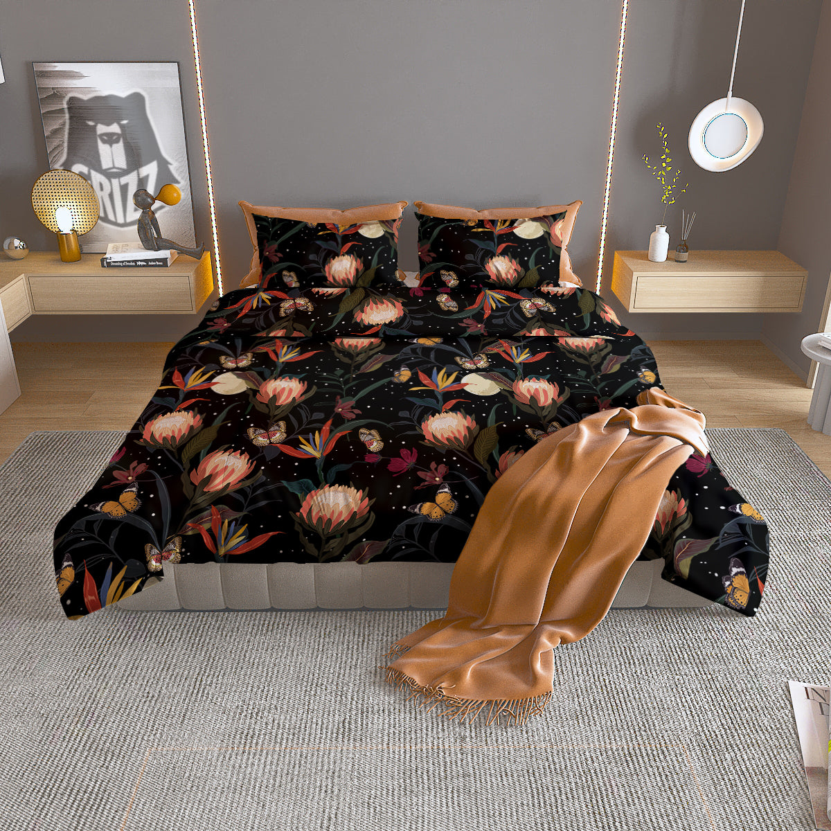 Protea Watercolor Print Pattern Duvet Cover Bedding Set