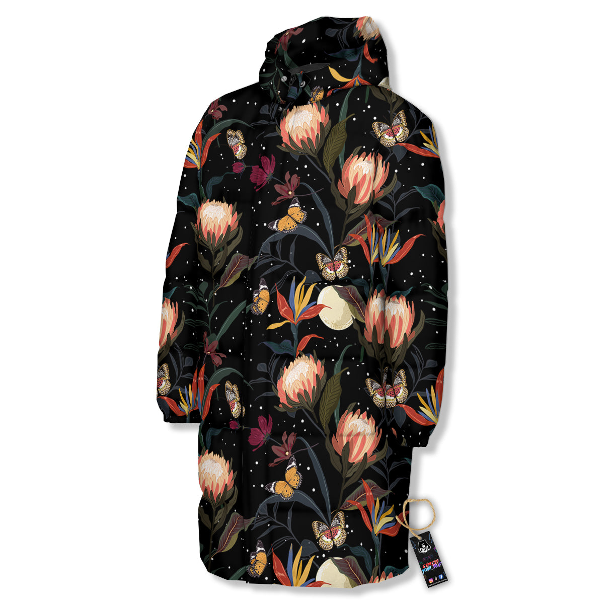 Protea Watercolor Print Pattern Long Down Jacket-grizzshop