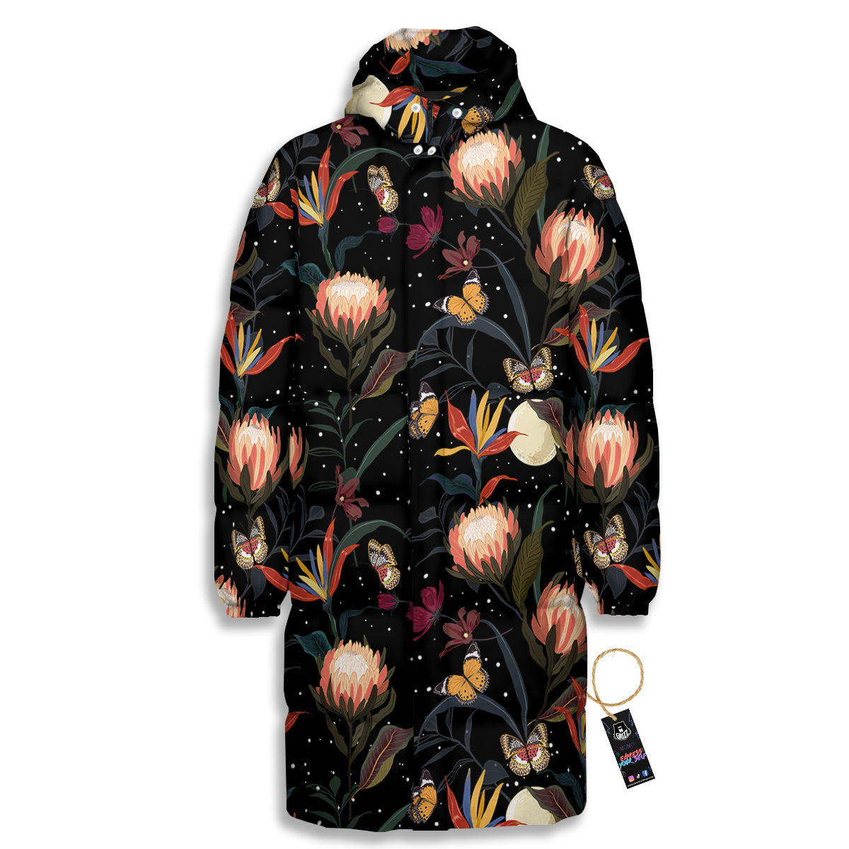 Protea Watercolor Print Pattern Long Down Jacket-grizzshop