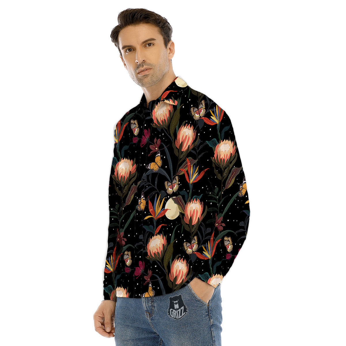 Protea Watercolor Print Pattern Men's Dress Shirts-grizzshop