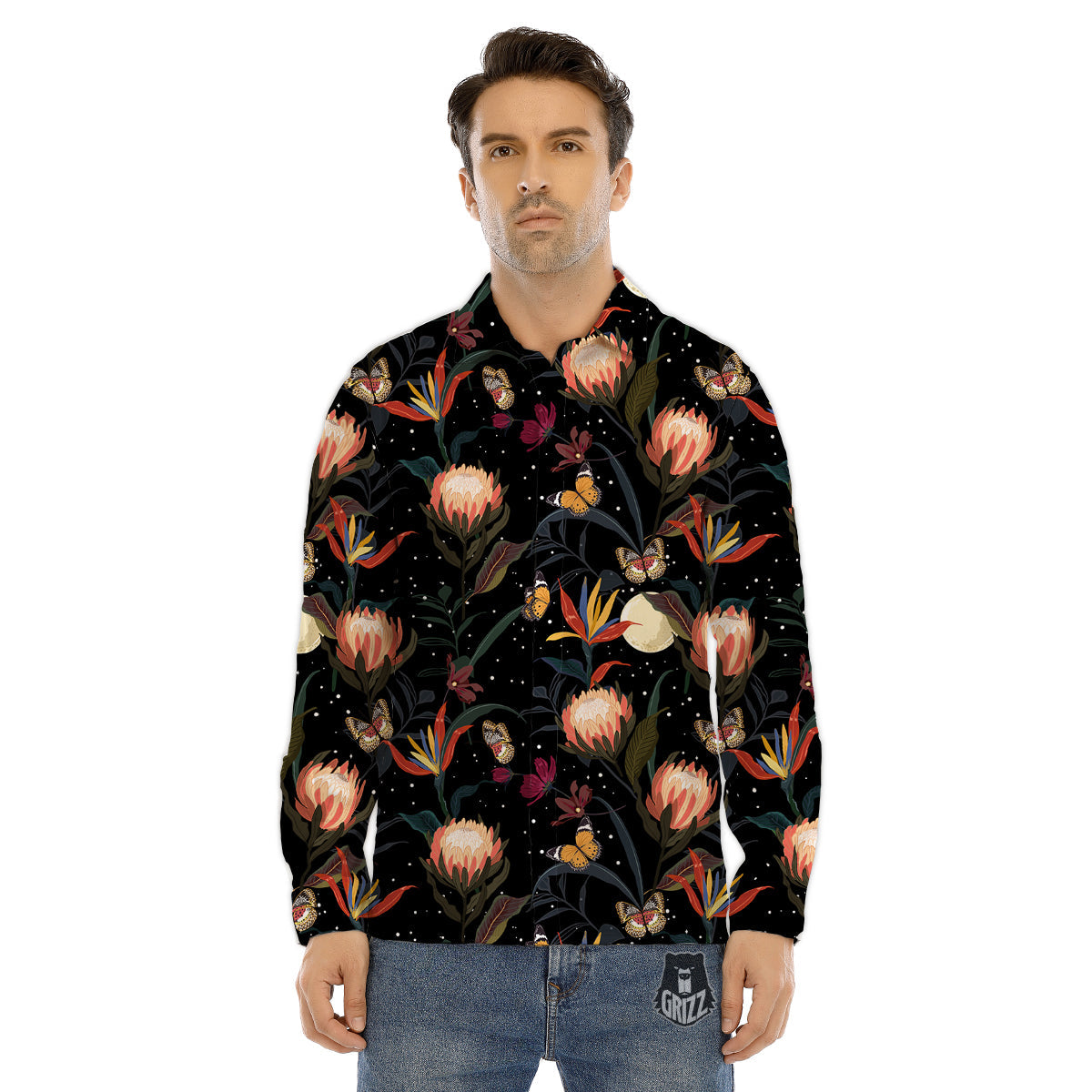 Protea Watercolor Print Pattern Men's Dress Shirts-grizzshop