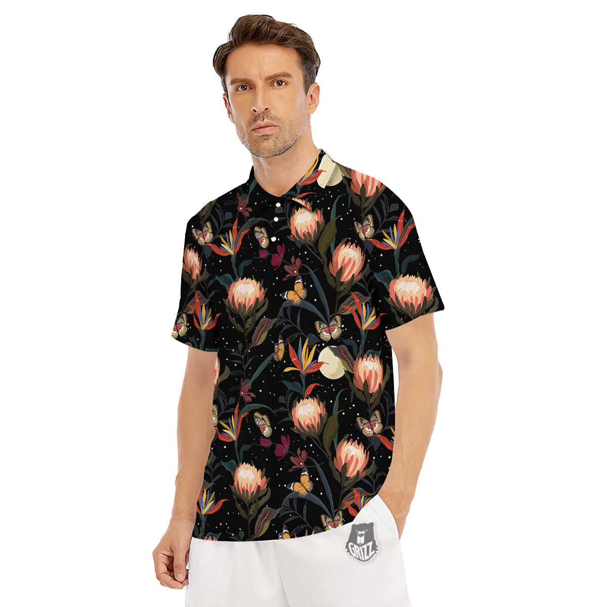 Protea Watercolor Print Pattern Men's Golf Shirts-grizzshop