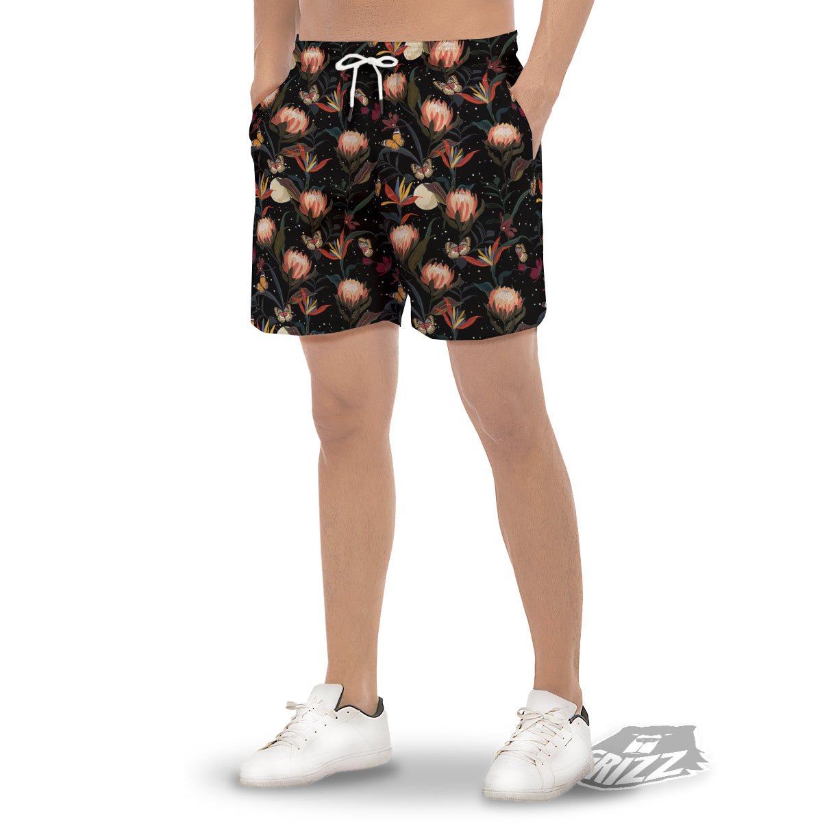 Protea Watercolor Print Pattern Men's Gym Shorts-grizzshop