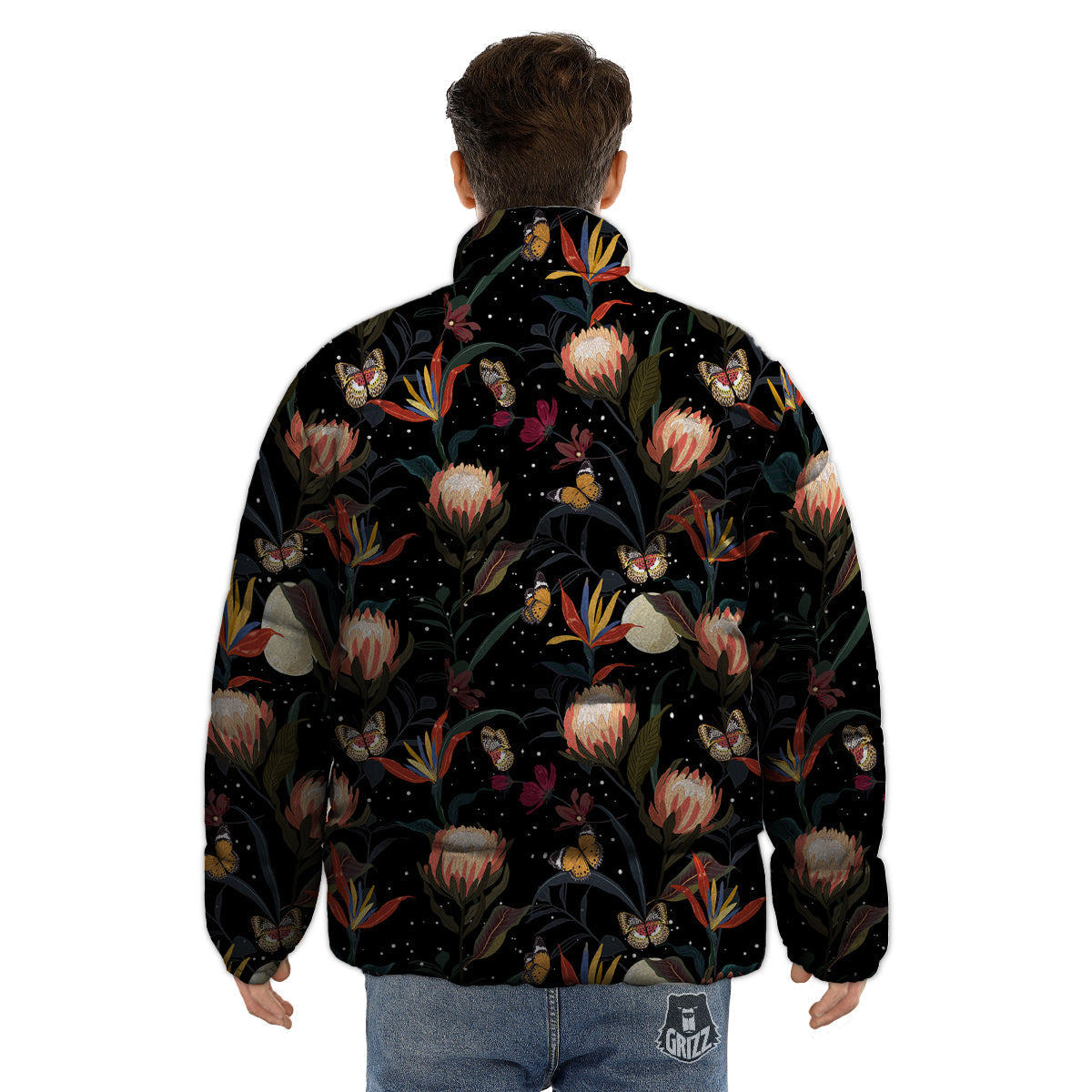Protea Watercolor Print Pattern Puffer Jacket-grizzshop