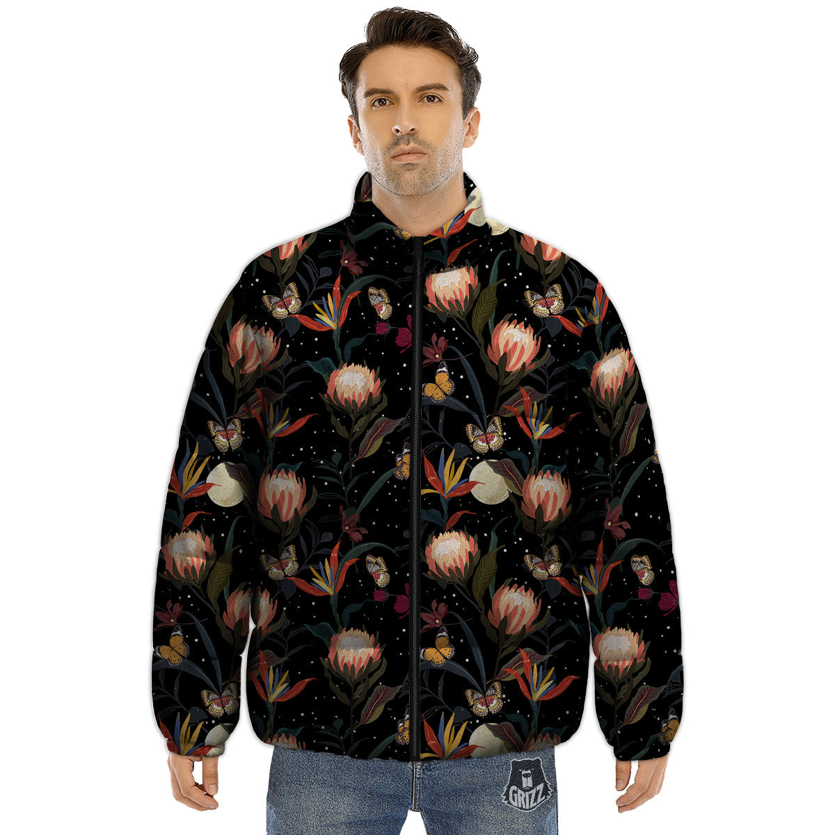 Protea Watercolor Print Pattern Puffer Jacket-grizzshop