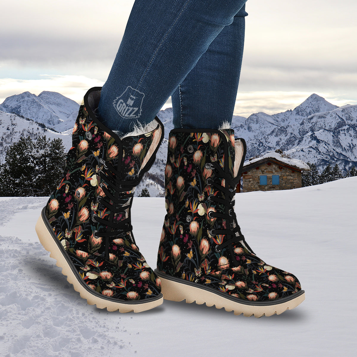 Protea Watercolor Print Pattern Snow Boots-grizzshop