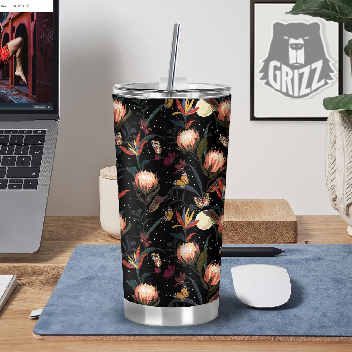 Protea Watercolor Print Pattern Tumbler-grizzshop